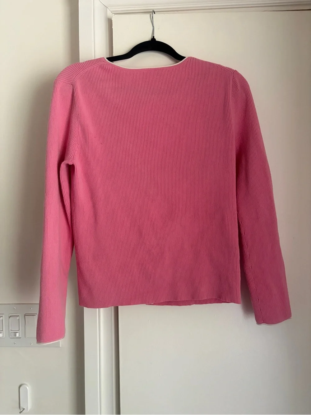 LOFT Pink Ribbed V-Neck Cardigan with white Trim - Picture 11 of 15